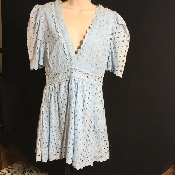Dee Dee Dress Blue Eyelet V Neck Short Sleeve Cool Lightweight Mini Length - Picture 3 of 9